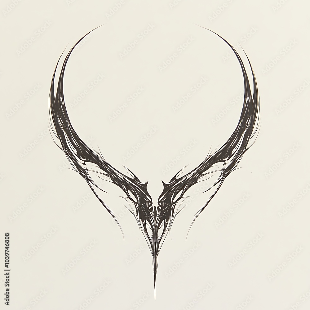 Poster abstract black and white design of a stylized bird or wings in a circle shape.