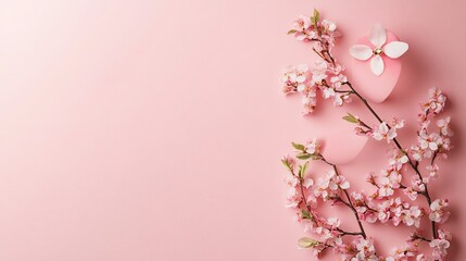 Obraz premium Pink floral arrangement with heart-shaped elements on a pale pink background.