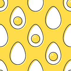 Fototapeta premium White eggs with black outline on yellow background. Vector seamless pattern.