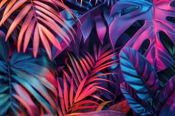 Vibrant palm leaves in holographic colors  minimal surreal concept.
