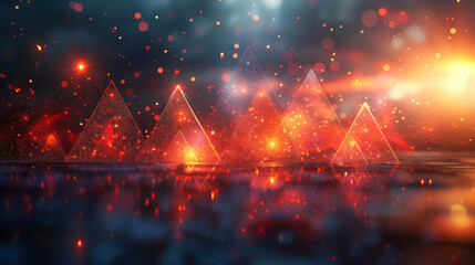 Illuminated glass pyramids with dynamic light effects and glowing particles, reflecting on a dark glossy surface, evoking a futuristic and abstract ambiance.