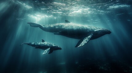 Fototapeta premium giant whale and calf swimming underwater, dramatic light 