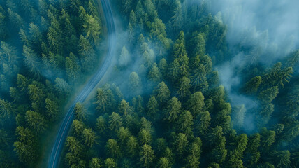 Obraz premium Aerial view of a winding road in a forest