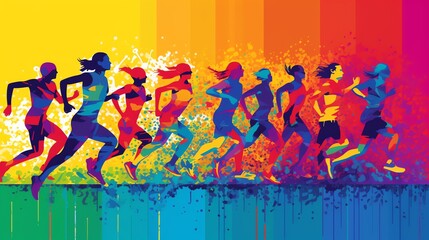 A group of diverse runners with colorful silhouettes run together on a rainbow background.