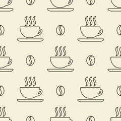 Cups of coffee and coffee beans Brown outline icons on beige background. Vector seamless pattern.
