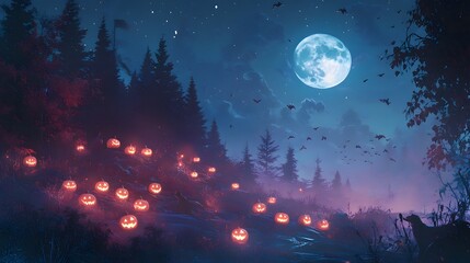 Naklejka premium Halloween Night with Full Moon and Howling Background