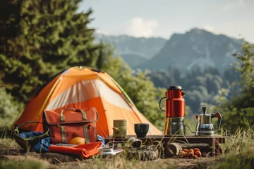 Gordijnen sets of camping with cooking equipment in the form of outdoor camping tents, camping tables, and accessories for making portable coffee in the open and sunny weather. summer vacation concept. MZ © Maryam