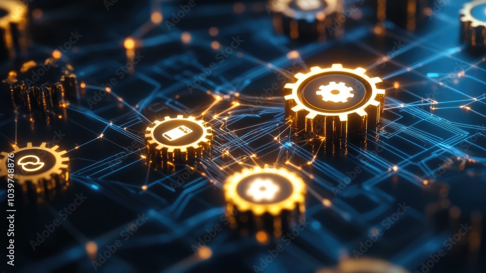 Poster gears and circuits representing technology integration digital automation