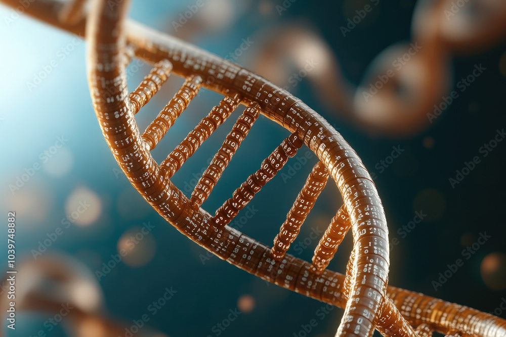 Aufkleber digital dna helix, a vibrant 3d representation of a dna strand formed by binary code, set against a 