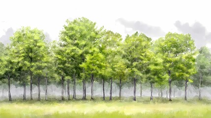Watercolor Painting of Forest Trees in Mist