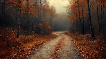 Obraz premium A winding dirt road leads through a misty autumn forest, the trees ablaze with fiery hues, a sense of mystery and serenity hangs in the air.