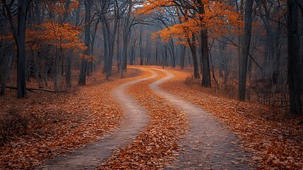 Obraz premium A winding dirt road through an autumn forest with fallen leaves on the ground.