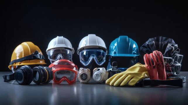 Types of PPE, displaying different safety gear such as gloves, goggles, hard hats, and respiratory protection for workplace safety
