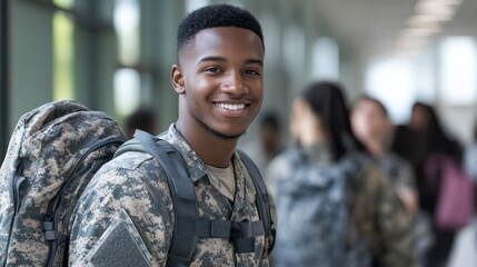 Veteran returning to school, participating in a modern education program with a diverse group of students in a university setting