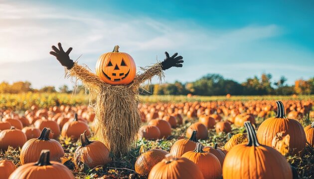 Scary scarecrow in a field full of pumpkins. Halloween concept 