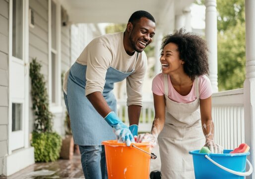 Cheerful couple is laughing while washing and cleaning their house porch during a sunny spring day