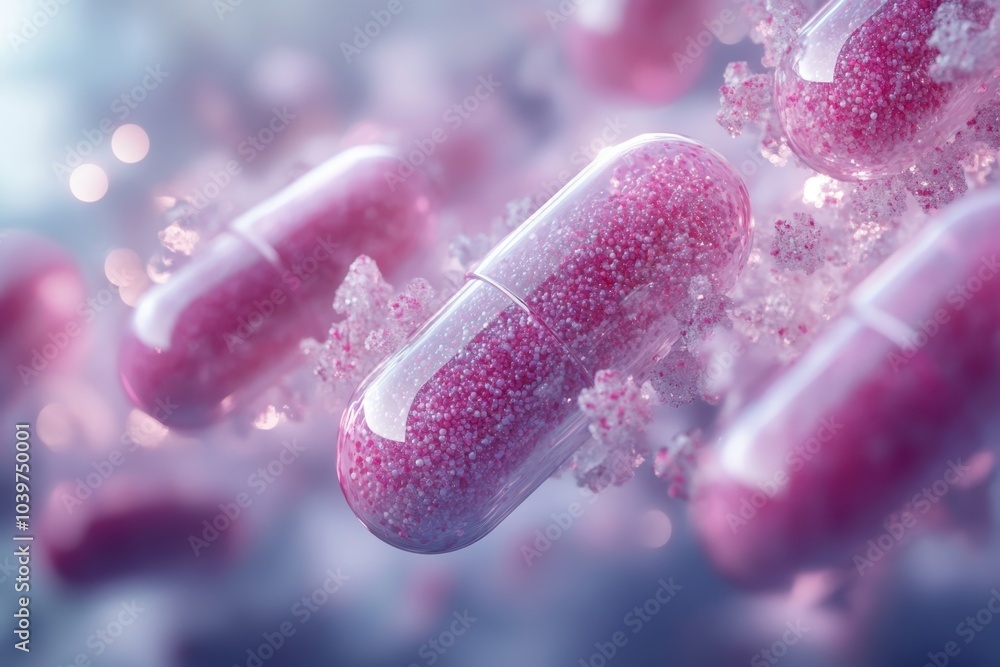 Poster close-up view of pink capsules floating in a vibrant environment with sparkling elements