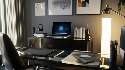 Office Workspace With Dark Minimalist Lighting And Artistic Decor