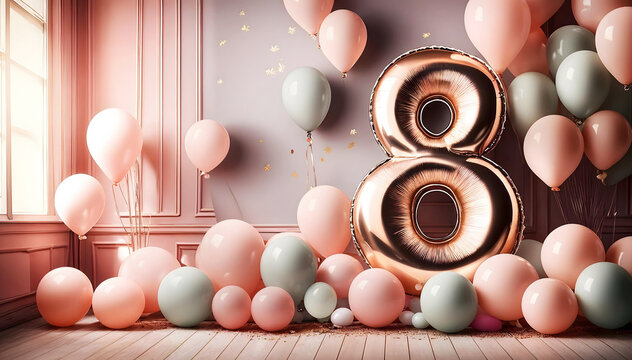 Stylish Girl 8th Birthday Party background, Modern Bunch of bright balloons on light pink background, eight Birthday decorations with soft pink, mint and gold balloons. Banner design, space for text