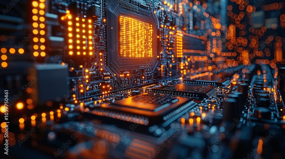 Poster close up of illuminated circuit board with processors and integrated circuits