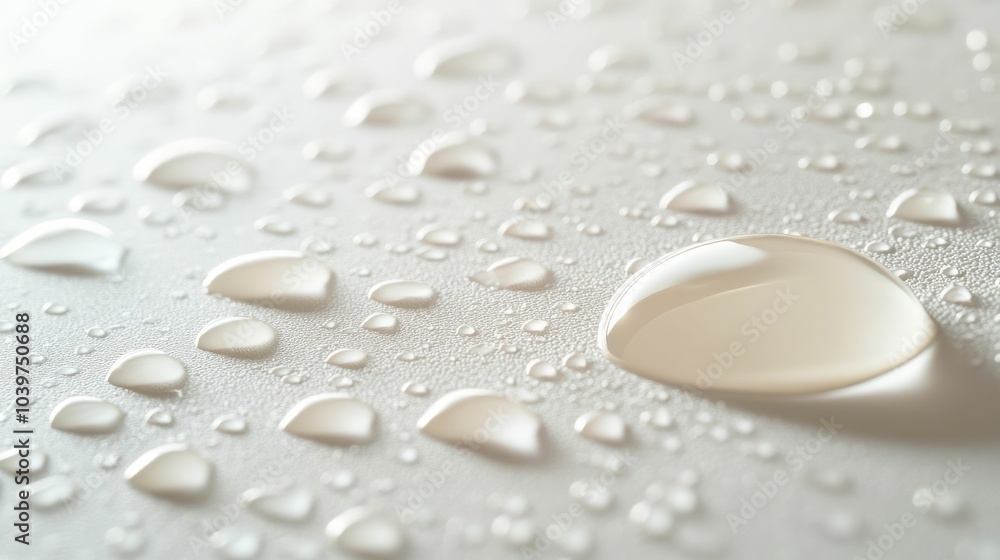 Poster a closeup view of delicate water and oil droplets resting on a clean white surface with soft natural