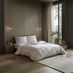 closeup of a bedroom, with duvet, minimalist room, super realistic