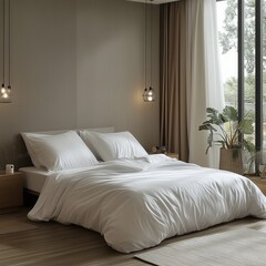 closeup of a bedroom, with duvet, minimalist room, super realistic