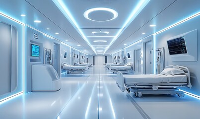 
Futuristic Hospital Corridor with Advanced Technology and Empty Hospital Beds in a Clean, Modern Medical Facility, Generative Ai