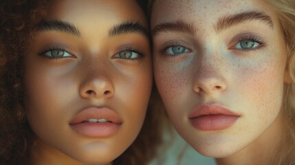 Fototapeta premium Diverse Beauty With Glowing Skin and Soft Warm Lighting Two models with natural radiant complexions and a serene emotive expression captured in a tranquil editorial style portrait