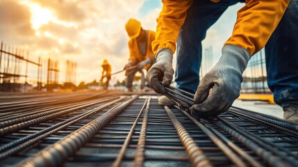 Workers handling rebar fabrication, showcasing the assembly and tying of steel reinforcement bars for a construction project