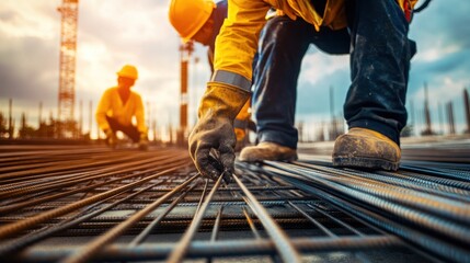 Workers handling rebar fabrication, showcasing the assembly and tying of steel reinforcement bars for a construction project