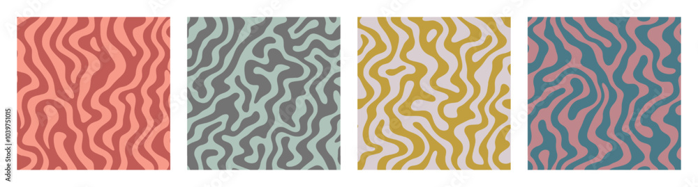 Poster psychedelic wavy lines seamless patterns set vector retro styled abstract background. crazy funky gr