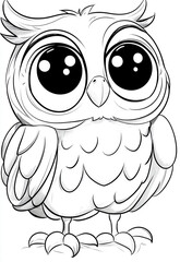 Obraz premium Kids coloring page with cute cartoon owl, simple and clean line art style, no shading, just black outline on white background, with big eyes, big head and small body.