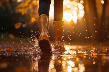 Woman wearing yellow rubber boots splashing in a puddle in the forest during a beautiful fall sunset