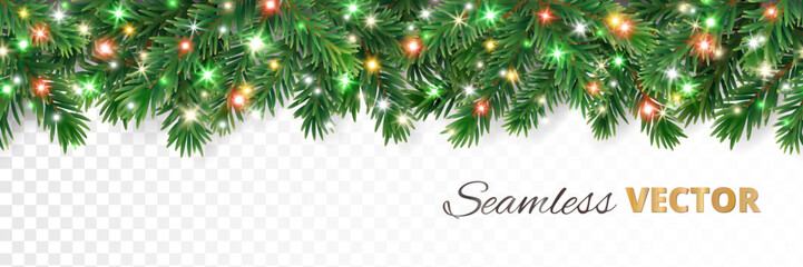 Christmas tree seamless garland with glowing sparkling Christmas lights decoration. Vector border for holiday banners, party posters, headers. Transparent background can be removed in vector file.