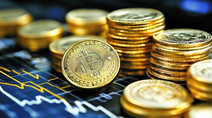 Stacks of shimmering gold coins rise alongside an upward-directed graph against a clean white backdrop, symbolizing financial growth and success