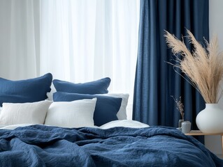 Dark blue curtains complementing white walls, with blue linens and white pillows on the bed
