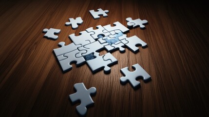 Obraz premium A partially completed jigsaw puzzle on a wooden table illustrating the quest for creative solutions in business planning