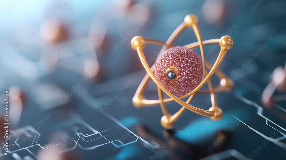 Poster futuristic atomic structure, a detailed representation of an atom's nucleus and surrounding electron