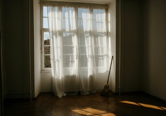 Traditional straw broom is leaning against the wall of an empty room bathed in sunlight