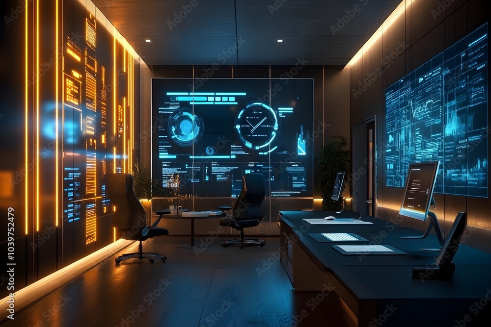 Poster Digital documents created modern office. future world technology. automated invoice and receipt management concept.	