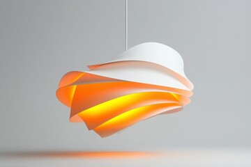 The unique designer lamp, with its elegant twisted shape and warm orange glow, hangs beautifully in the center of a minimalist space, enhancing the atmosphere with contemporary sophistication.