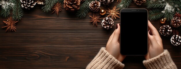 A woman's hand holds an iPhone mockup surrounded by Christmas gifts and decorations on a cozy wooden table