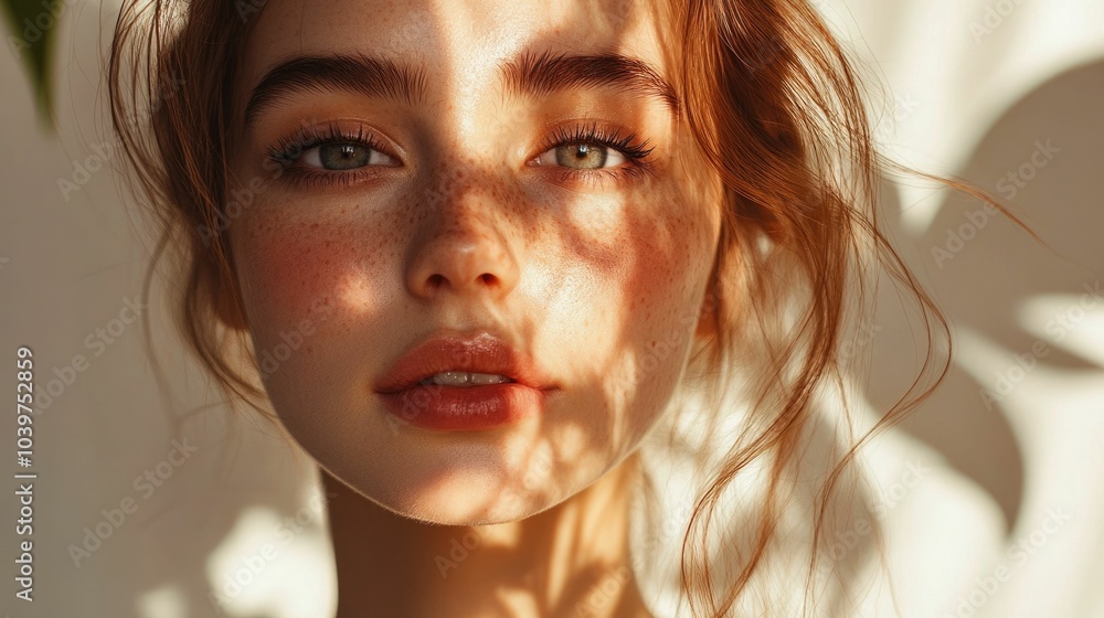 Poster captivating portrait of a model with dewy glowing skin bathed in warm soft sunlight against a minima