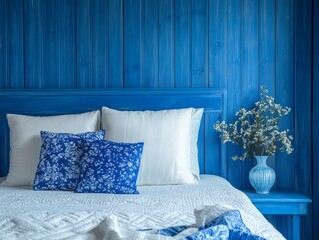 Dark blue wooden walls, with a white mattress and bright blue fabric accessories