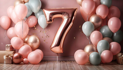 Stylish Girl 7th Birthday Party background, Modern Bunch of bright balloons on light pink background, seventh Birthday decorations with soft pink, mint and gold balloons. Banner design, space for text