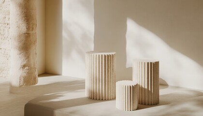 Obraz premium A beige natural podium is an elegant base for an exhibition or presentation