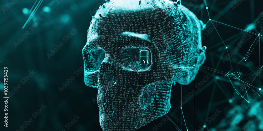 Poster minimalist skull with a lock, where the bones are made of network wires and codes.