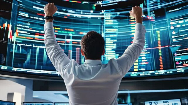 A man is standing in front of a large monitor with a big smile on his face. He is holding his hands up in the air, as if he is celebrating something. Concept of excitement and accomplishment
