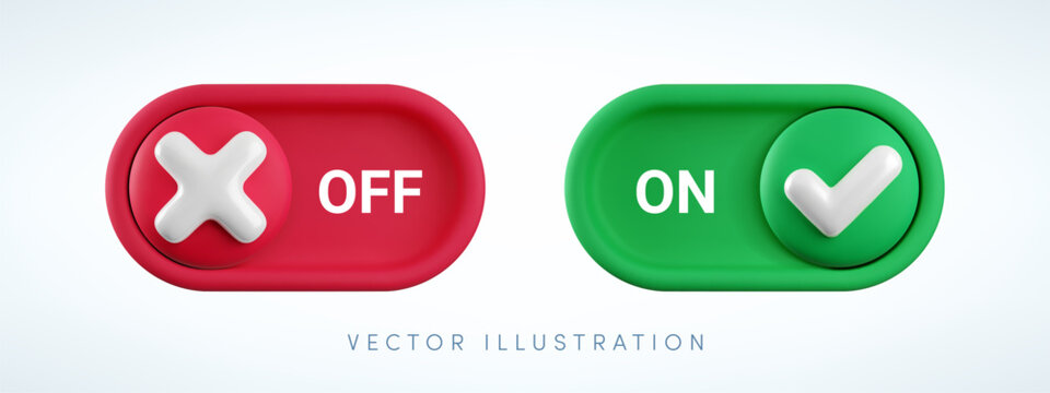 Vector cartoon 3d turn on and off switch button set. Cute realistic 3d toggle switch sliders with green yes checkmark and red cross icon. Setting toggle design element for mobile app interface, web.